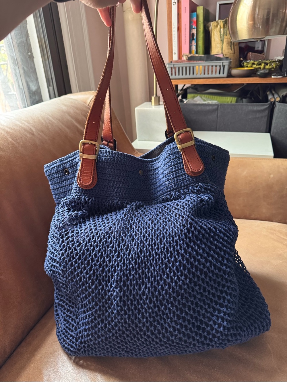 Elliot Mann Crochet Tote w Beaded bells fringe tassel net mesh summer leather - Picture 4 of 17